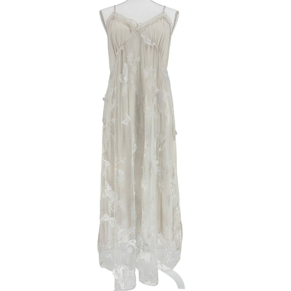 Whimsical Butterfly 3D Embroidered Hi-Low Slip Dress Ivory XL Boho Cottage Fairy - Picture 2 of 16